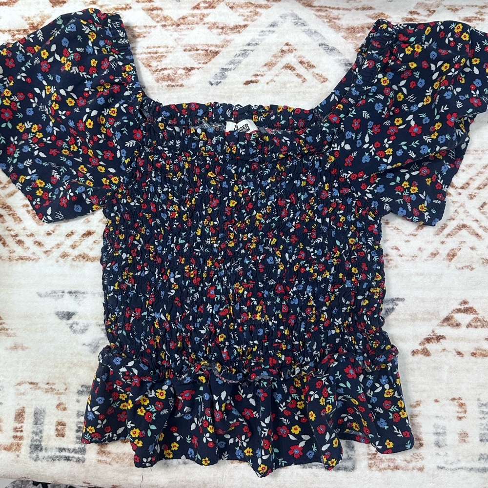 Tommy Hilfiger Women's Romantic Ruffle Sleeve Smocked Floral Print Top size S